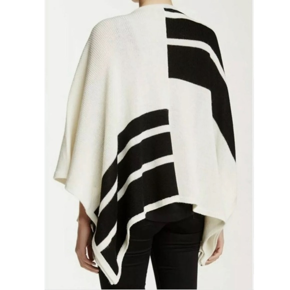 Brochu Walker Alpaca Wool Blend Poncho Cape Cardigan Black White Striped OS - Picture 2 of 9